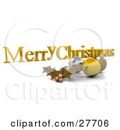 Poster, Art Print Of Golden Merry Christmas Greeting With Gold Holly And Ornaments