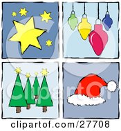 Poster, Art Print Of Collection Of Four Blue Squares With Stars Ornaments Trees And A Santa Hat