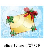 Clipart Illustration Of A Blank Golden Gift Tag Label With Holly Berries And A Red Bow Over A Blue Snowflake Background by KJ Pargeter