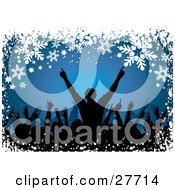 Poster, Art Print Of Silhouetted People Holding Their Arms Up At A Concert Over A Blue Background Bordered With White Snowflakes And Stars