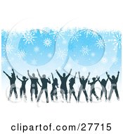 Poster, Art Print Of Silhouetted People Dancing At A Christmas Party Over A Blue Background With White Snowflakes
