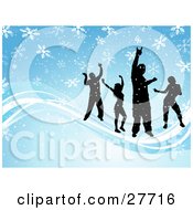 Four Silhouetted People Dancing On Waves Over A Blue Background With Falling White Snowflakes