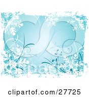 Poster, Art Print Of Blue Wintry Background Of White Snowflakes And Curly Vines