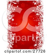 Clipart Illustration Of A Faded Red Snowflake Background With Left And Right Borders Of White Snowflakes Flowers And Circles