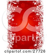 Poster, Art Print Of Faded Red Snowflake Background With Left And Right Borders Of White Snowflakes Flowers And Circles