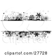 Poster, Art Print Of Black And White Grunge Background Of Black And Gray Snowflakes And Stars Bordering A Blank White Text Box In The Center