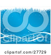 Clipart Illustration Of A Wintry Blue Horizontal Background Of Snow And White And Blue Waves Along The Bottom With White Grunge On The Top