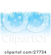 Poster, Art Print Of Blue Background Fading Into White With A Top Border Of White Grunge And Falling Snowflakes