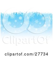 Clipart Illustration Of A Blue Background Fading Into White With A Top Border Of White Grunge And Falling Snowflakes