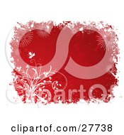 Poster, Art Print Of Border Of A Red Horizontal Winter Background Bordered By White Flowers Plants Snowflakes And Grunge