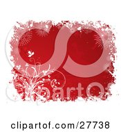 Clipart Illustration Of A Border Of A Red Horizontal Winter Background Bordered By White Flowers Plants Snowflakes And Grunge