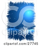 Clipart Illustration Of Bare Trees In A Hilly Winter Landscape Under A Dark Blue Starry Night Sky Bordered By White Grunge