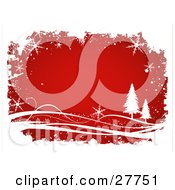 Poster, Art Print Of Red Background Bordered By White Grunge Snowflakes Waves And Evergreen Trees