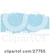 White Snow Falling Over Evergreen Trees And Hills With A Blue Background