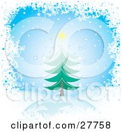 Poster, Art Print Of Evergreen Christmas Tree Topped With A Yellow Star In A Hilly Landscape With Snow Falling From A Blue Sky