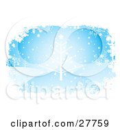 Poster, Art Print Of White Star Adorned Christmas Tree In A Winter Hilly Landscape With Snowflakes Falling From The Blue Sky Bordered By White