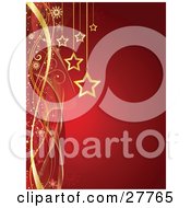Golden Christmas Star Ornaments Hanging Over A Gradient Red Background With Snowflakes And Waves Of Red And Gold by KJ Pargeter