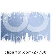 Wintry Blue Background With Snow And Snowflakes Falling Over White Silhouetted Evergreen Trees