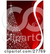 White Christmas Tree Made Of Stars Topped With A Bright Sparkle Over A Red Background With A Border Of White And Red Waves And Swirls