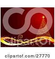 Poster, Art Print Of Golden Christmas Tree On A Wave Of Yellow And Red Lines Over A Gradient Red Background