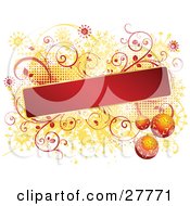 Clipart Illustration Of A Blank Red Text Box Bordered In Gold With Three Orange Snowflake Ornaments Over A Red Vine And Orange Snowflake Grunge Background On White