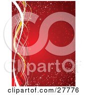 Clipart Illustration Of A Vertical Red Background With Snow Twinkle And Star Patterns With White Gold And Red Ribbons Along The Left Edge