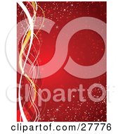 Poster, Art Print Of Vertical Red Background With Snow Twinkle And Star Patterns With White Gold And Red Ribbons Along The Left Edge