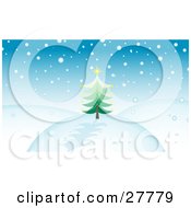 Snow Falling Over A Hilly Landscape With An Evergreen Christmas Tree Topped With A Yellow Star And A Blue Sky