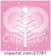 Clipart Illustration Of A White Christmas Tree With Bare Braches And Stars Over A Pink Background With Falling Snow by KJ Pargeter