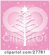 Poster, Art Print Of White Christmas Tree With Bare Braches And Stars Over A Pink Background With Falling Snow