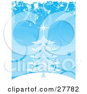 Poster, Art Print Of Blue Christmas Tree With A Star On A White Hilltop Over A Scrolled Blue Background