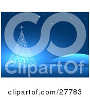 Clipart Illustration Of A Delicate White Christmas Tree Made Of Stars In A Blue Hilly Landscape With Stars In The Night Sky by KJ Pargeter