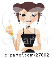 Clipart Illustration Of A Happy Brunette Caucasian Woman In A Black Dress Smiling And Holding A Cocktail Beverage by Melisende Vector