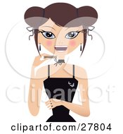 Poster, Art Print Of Happy Brunette Caucasian Woman In A Black Dress Smiling And Eating A Cookie