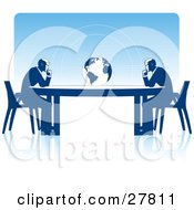 Poster, Art Print Of Two Business Men Seated At Opposite Ends Of A Table Facing A Globe Over A Blue Background On A White Surface Symbolizing Travel Ecology Or International Trade