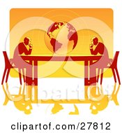 Poster, Art Print Of Two Business Men Seated At Opposite Ends Of A Table Facing A Globe Over A Gradient Orange Background On A White Surface Symbolizing Travel Ecology Or International Trade