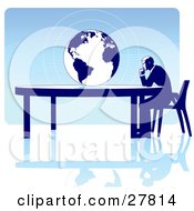 Businessman Seated At A Table Facing A Globe Over A Blue Background On A White Surface Symbolizing Travel Ecology Or International Trade