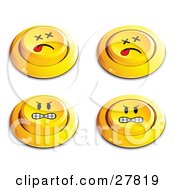Poster, Art Print Of Set Of Four Yellow Push Buttons With Dead And Angry Faces