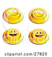 Set Of Four Yellow Push Buttons With Grinning And Happy Faces