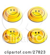 Set Of Four Yellow Push Buttons With Frowning And Smiling Faces