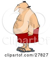 Chubby Hairy White Man In Profile Wearing Red Shorts And Blue Sandals