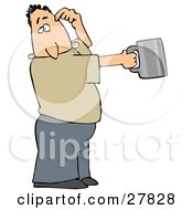 Poster, Art Print Of White Man Scratching His Head And Holding Out A Tin Cup Hoping For Financial Assistance And Loans