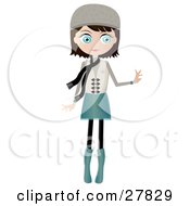 Clipart Illustration Of A Black Haired Blue Eyed Caucasian Woman Dressed In Blue And Beige Wearing A Hat And Scarf Standing And Holding One Arm Out by Melisende Vector #COLLC27829-0068