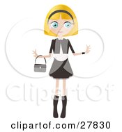 Poster, Art Print Of Blond Haired Blue Eyed Caucasian Woman Dressed In Black And White Standing With Her Arms Out And A Purse Draped On Her Wrist