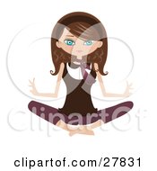 Happy Brunette Caucasian Woman Sitting On The Floor And Meditating