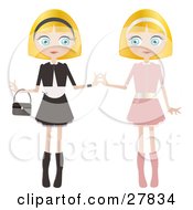 Poster, Art Print Of Two Blond Haired Blue Eyed Caucasian Women Twins Dressed In Pink And Black And White Standing Side By Side And Touching Hands