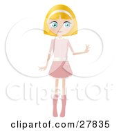 Poster, Art Print Of Blond Haired Blue Eyed Caucasian Woman Dressed In Pink Standing And Holding One Arm Out