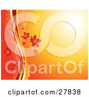 Clipart Illustration Of A Gradient Yellow To Orange Background With Red Autumn Maple Leaves With White Red And Yellow Lines