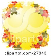 Poster, Art Print Of Green Orange Brown Red And Yellow Autumn Maple Leaves Framing A White Background Bordered By White Grunge