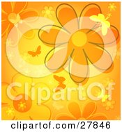 Clipart Illustration Of Silhouetted Butterflies Fluttering Over An Orange Flower Background